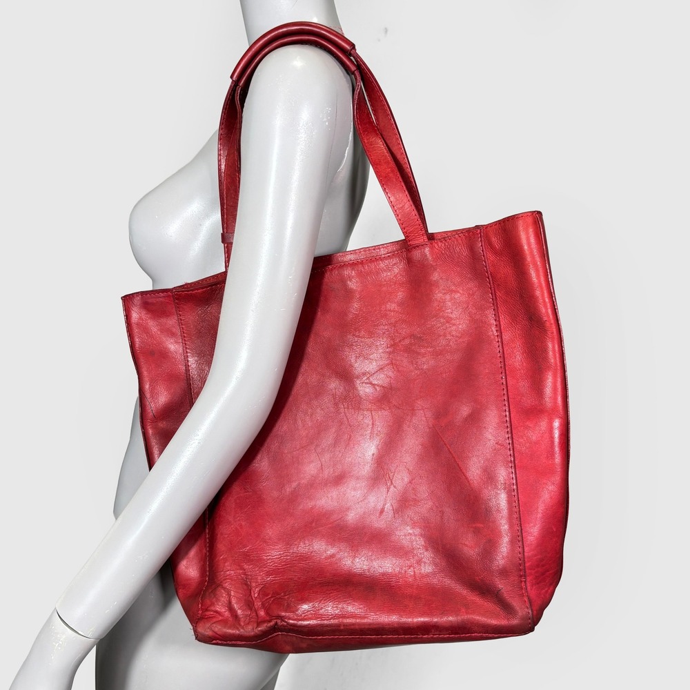 Noonday Collection Red Leather Tote Bag Large Shoulder Purse Blue Lining